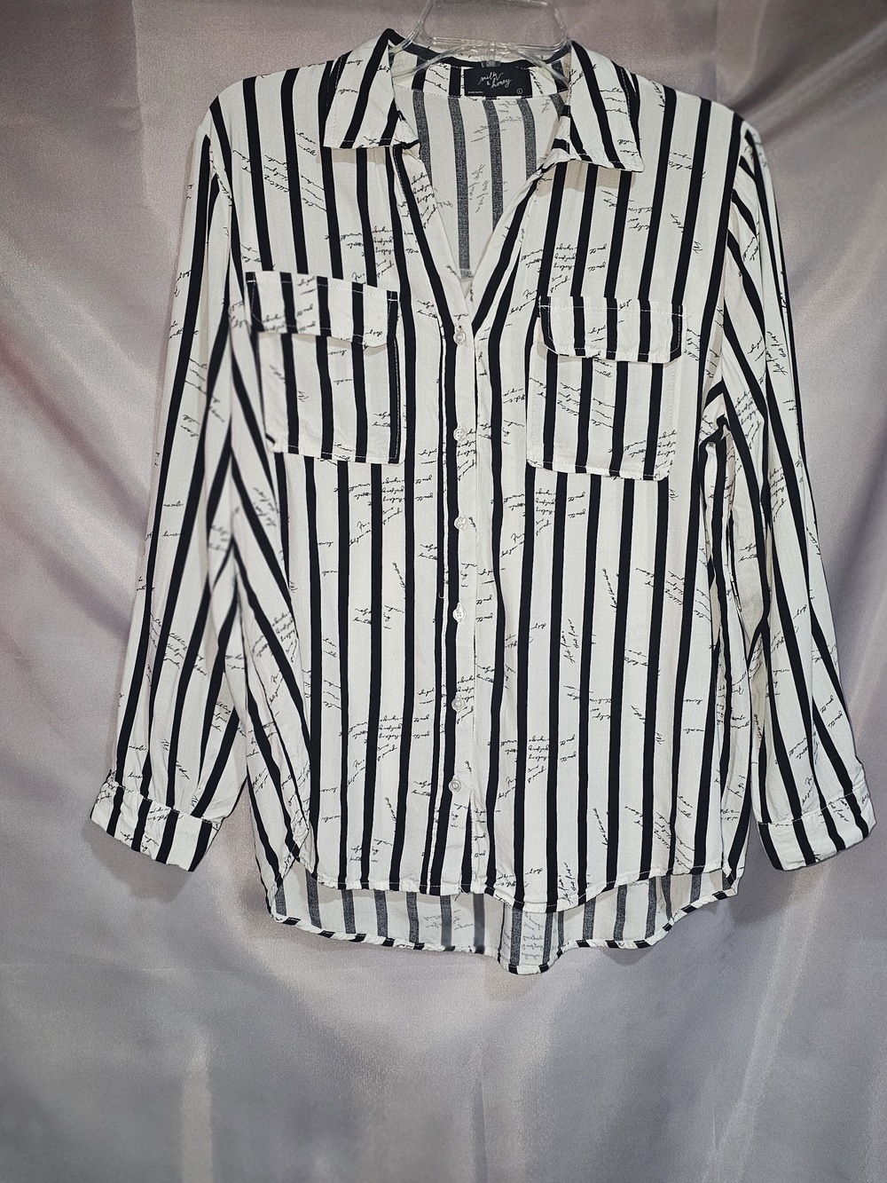 Milk & Honey Black White Striped Rayon Utility Shirt Button Script Shirt